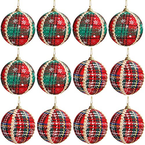 Belle Vous Palline di Natale (set di 12) - Palline di Natale verdi e rosse in tartan da 8 cm con spago - palline di albero di Natale per decorazione interna e sospensione albero di Natale