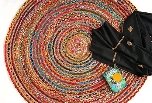 Gruhum 90x90 cm Jute-Baumwoll-Teppich – Naturfaser, runde Kollektion, handgefertigt, Boho-Charm, bunter Bauernhaus-Teppich, weich, geflochten, für drinnen und draußen, Küche, Flure, Eingänge