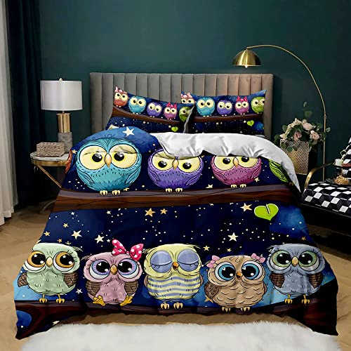 FAZAOWM Bettwäsche 155x220 Blaue Eule Weiche Mikrofaser Bettbezug mit Reißverschluss, Bettwäsche-Sets für Kinder - 1 Bettbezüge und 2 Kissenbezüge 80x80 cm