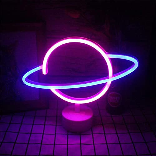 Neon LED Licht - dekorative Stand Leuchte Batterie Neonlicht Schild Reklame Lampe Bar Party Tisch Deko Nachtlicht Gaming Setup Streamer Hintergrund Regal Beleuchtung Deko (Planetblau pink)