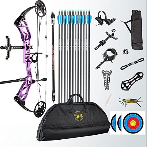 HNZMDY Bogenschießen Compound Bogen und Pfeil Kit 19-70Lbs Wettkampf Sport Jagdbogen 19-30 Auszugslänge 320fps Speed Compoundbögen mit Allem Zubehör für Erwachsene und Jugendliche (Lila)