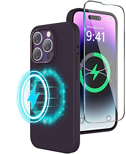 Niunisi Silicone Case Compatible with iPhone 14 Pro Max Case with Screen Protector, Liquid Silicone Case Compatible with Magsafe Full Body Protective Phone Case Cover 6.7 Inch, Elderberry