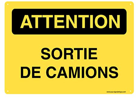 AUA SIGNALETIQUE - Panneau Signalétique en PVC Rigide et Compacte 1.5 mm. (170 x 121 mm, Attention Sortie De Camions)