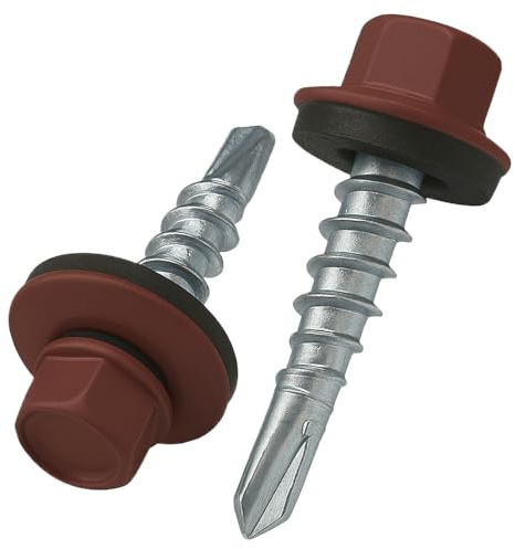 4.8 mm x 25 mm Roofing Screws, Hex Head Self-Drilling Color (RAL 3009 Oxide Red) Roof Screws with EPDM Sealed Washer, Rust Proof Zinc Plated Hardened Coarse Threads Screw for Outdoor Use (50 pcs)