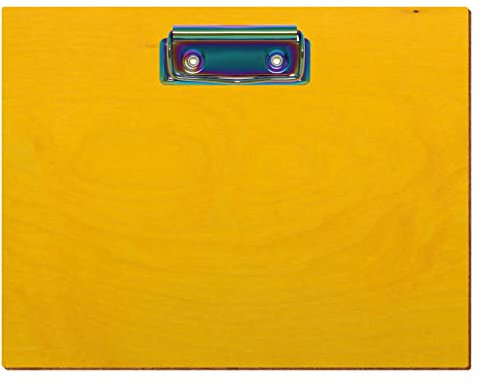 Bütic Holz Klemmbrett Standardform Gelb für DIN A3 A4 A5 A6 aus 3 mm Birkensperrholz und mit widerstandsfähigem Klarlack versiegelt, Format:A5 quer, Klemme:Bügelklemme Regenbogen