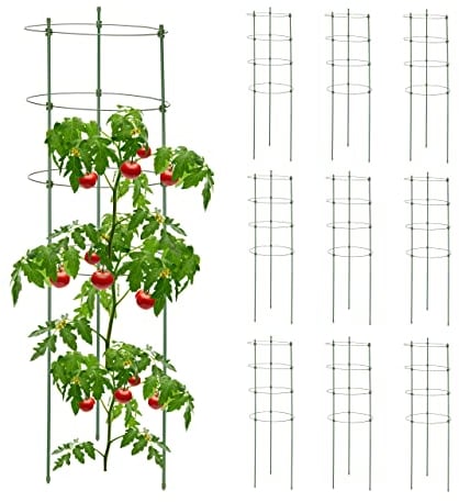 Relaxdays Pack 10 Tutores Plantas, 90 cm Alto, Soporte Enredaderas 4 Anillos, Guía Trepadoras, Metal y Plástico, Verde, Acero