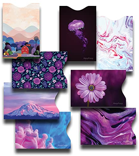 8 RFID Blocking Sleeves, Unique Designs and Arts in Purple, Anti-Theft Credit Card Holder, Credit Card Protector, Easy to Recognize, Sturdy and Perfect size for cards