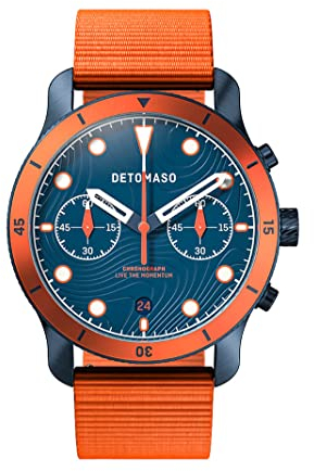 DeTomaso Venture Chronograph TOPO Blue Blau Herren-Armbanduhr Analog Quarz Nylon Armband Orange