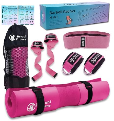 J Bryant Barbell Pad Set for Squats Bench Press Workout, Including Thick Cushioned Hip-Thrusts Pad with Carry Bag, Weight Lifting Straps, Hip Resistance Band and 2 Ankle Straps for Cable Machines
