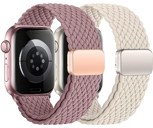 2ST Geflochtens Solo Loop für Apple Watch Armband 40mm 41mm 38mm 45mm 44mm 42mm 46mm Ultra/2 49mm Herren/Damen,Magnet Dehnbarer Nylon Band für die iWatch Armbänder series 10 9 8 7 6 5 4 3 2 se 2nd
