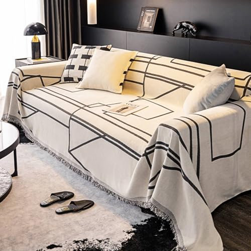 Mesnt Sofahusse 3 Sitzer, Schwarz Couchschutz für Haustiere mit Geometrische Linien mit Fransen aus Chenille, 180x300cm