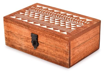 Indus Lifespace Jewellery box Mango Wood Hand carved Multipurpose Keepsake Storage Travel Organizer | Vintage Decorative Chest Trinket Holder (20.32cm x 12.7cm x 7.62cm)