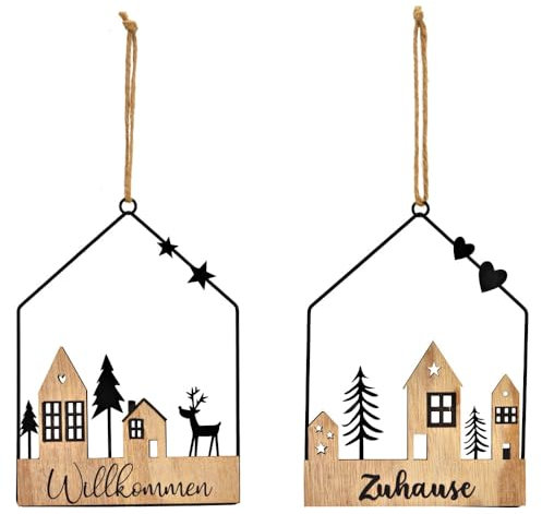 matches21 Hübsche Wanddeko für Fenster Haustür WILLKOMMEN ZUHAUSE - Hygge Winterdeko zum hängen aus Metall & Holz in schwarz - 2er Set Weihnachtsdeko Häuser 15 x 19 cm
