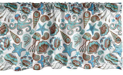 ABAKUHAUS Krabben Plattenschürze 2er Pack, Illustration von Sea Life Krabben Octopus Shells Seestern und Medusa Marine Print, Vorhang Volant für Dekor mit Stangentasche, 107 cm x 30 cm, Türkis Brown