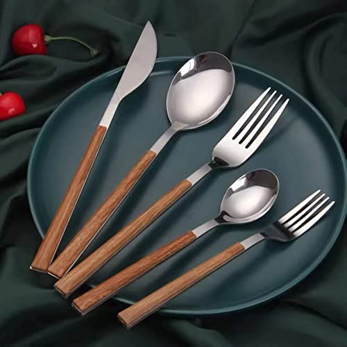 Juego de cubiertos con mango de madera de 60 piezas, juego de cubiertos de acero inoxidable, cucharas, tenedores, cuchillos, utensilios, juegos de vajilla para el hogar, apto para lavavajillas (60 pi