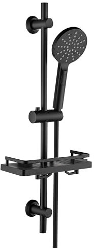 Görbach Ensemble Colonne de Douche en Acier inoxydable avec Étagère de Douche, Barre de Douche 70 cm avec Support de Pommeau de Douche, Douchette avec Tuyau pour Salle de Bain, Ronde, Noir Mat