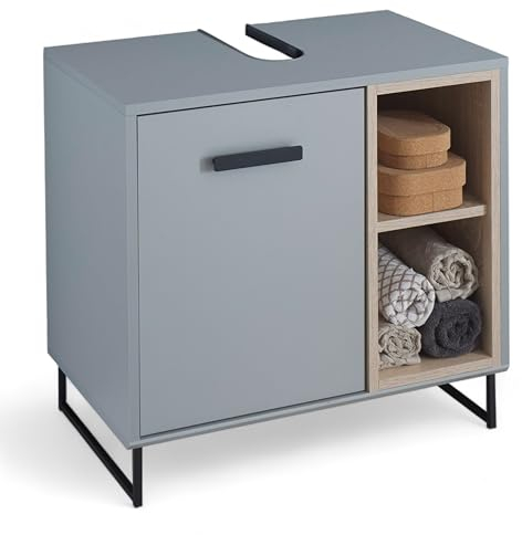 TUNIS Badezimmer Waschbeckenunterschrank in Grau / Eiche Sonoma Optik - Bad Unterschrank Badezimmerschrank mit viel Stauraum - 65 x 60 x 38 cm (B/H/T)