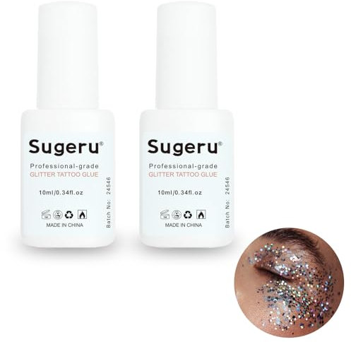 Sugeru 2 Pcs Colla per Glitter Corpo(10ml),Colla per la Pelle per Tatuaggi per Bambini,Colla per Brillantini Viso,Delicato e non Irritante, Adatto per Carnevali, Feste (2PCS - plastica)
