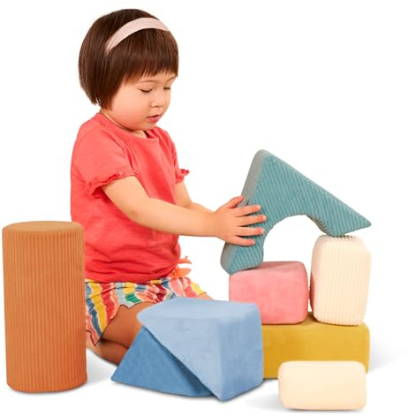 B. toys Tumble-y Towers Sensory Foam Building Blocks, 8 Pieces, Activity | 8 geometric foam blocks wrapped in textured and tactile fabrics for stacking, squeezing, snuggling, and sensory, 6+ Months