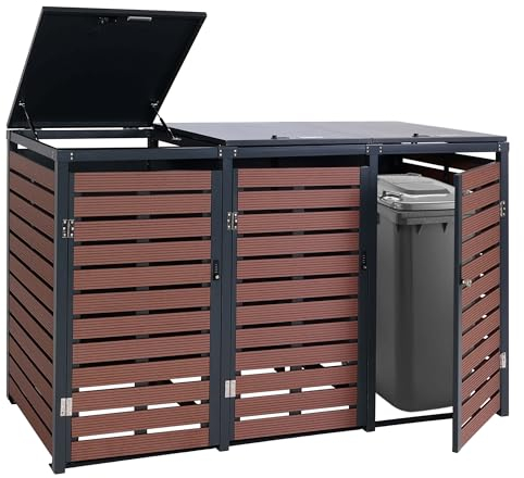 3er Mülltonnenverkleidung HWC-K14, Mülltonnenbox Mülltonnenabdeckung, 119x205x84cm WPC Metall 109kg - Walnuss-Holzoptik