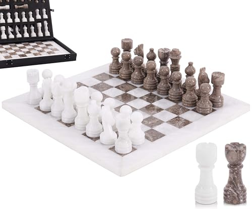 MARBLE RANGE Marmor-Schachspiel 30,5 cm, White & Oceanic handgefertigt mit 32 Figuren, 2 Extra-Königinnen & Box, Luxuriöses Reisespiel & Elegantes Geschenk zur Deko Für Erwachsene