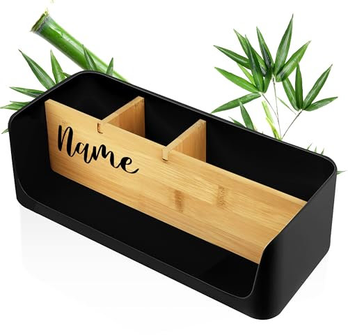 LIVONDO ECO Schreibtisch Organizer | Tisch- Büro- Kosmetik- Organizer | Handy & Tablet Halterung | Stiftehalter Schreibtisch | Briefablage | Serviettenhalter (schwarz, groß - PERSONALISIERT)