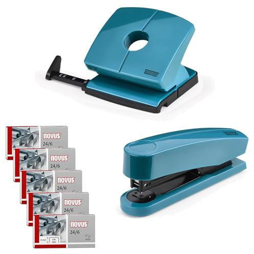 NOVUS Set Locher B220 Color ID 2.0 (20 Blatt Lochleistung, fest einrastende Anschlagschiene) + Heftgerät B2 Color ID 2.0 (25 Blatt Heftleistung, Oberlademechanik) + 5 Pack Heftklammern 24/6 petrol