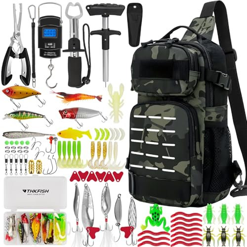 Kit di attrezzi da pesca da 85 pezzi con zaino, bilancia digitale, pinze, scatola per attrezzatura (mimetico nero)