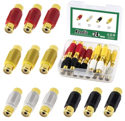 Keadic 24Pcs Gold Plated RCA Female to RCA Female Coupler,Compatible with Phono,Speaker,RCA Cable,Audio RCA Plug for Amplifier, Subwoofer, Mixer(Multiple Colors)