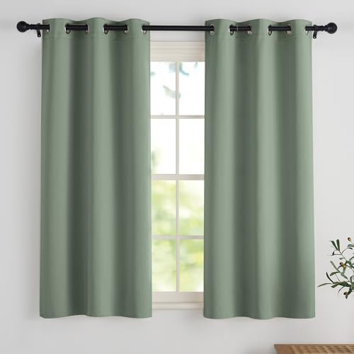 PONY DANCE Bistrogardine Küche Kurze Gardinen mit Ösen H 114 x B 106 cm Verdunklungsvorhänge Scheibengardinen Blickdicht Vorhänge für Badezimmer Fenster, Salbeigegrün