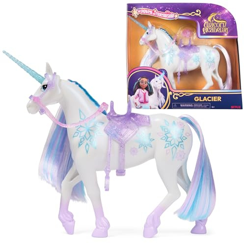 Academia Unicornio, The Power of Friendship, Glacier con Montura y Brida traslúcidas, 28 cm, Juguetes de muñecos y Unicornios para niñas a Partir de 4 años