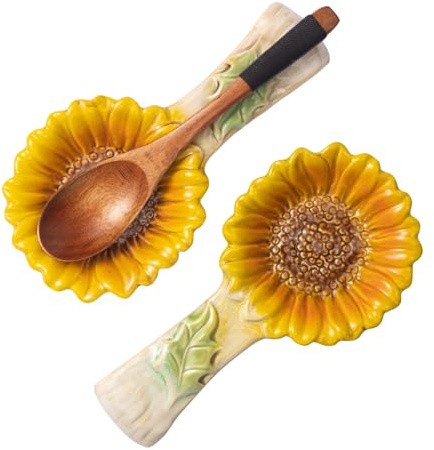Paquete de 2 soportes para cucharas para estufa, soporte de cuchara de cerámica de girasol para encimera de cocina, utensilios de cocina, cucharón, espátula, soporte para cucharas, bonito soporte para