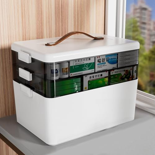 imuounl Medicine Storage Box, Large 3-Layer Medicine Container Box,Multi Grid First Aid Box Household Medicine Container, Portable with Lid