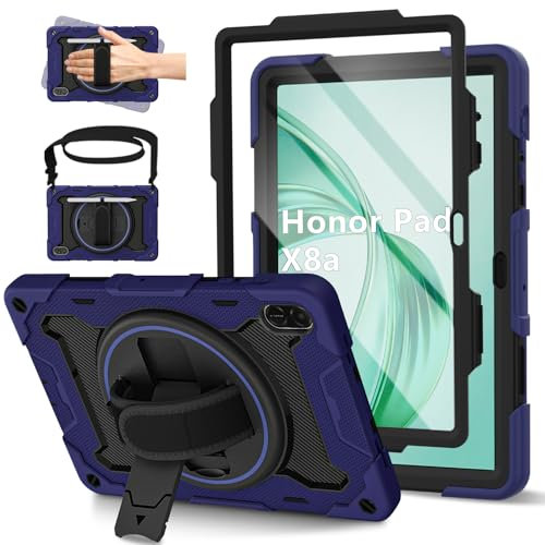 ROSROME for Honor Pad X8a Case 11 inch 2024 with HD Screen Protector, Shockproof Heavy Duty Kids Cover, 360°Rotating Stand/Shoulder Strap/Hand Strap/Pen Holder for 11 Honor X8a Tablet Case, Navy Blue