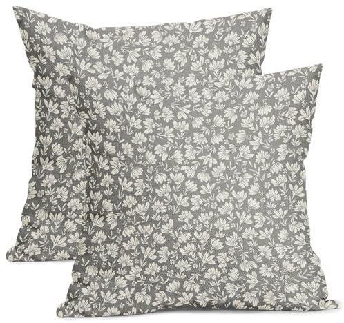 Kawani Kissenbezüge mit Gänseblümchen-Blumen-Blockdruck, 40,6 x 40,6 cm, grau-beige-Blumen, dekorativ, quadratisch, Landhaus-Dekoration, Vintage, rustikal, niedlich, für Sofa, Couch, Outdoor, 40,6 x