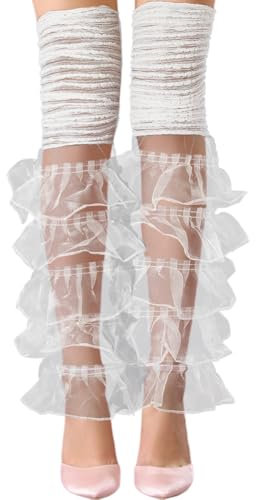 CABODYALS White Sheer Ruffle Layered Patchwork Leg Warmers Vintage Lolita Ruffled Lace Fabric Kawaii Cute Summer Mesh Tulle Long Thigh Socks Legs Cuffs for Women Wedding Party Birthday Accessories