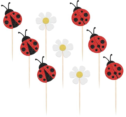 Cupcake-Topper mit Marienkäfer-Motiv, glitzernde Blume, Kuchendekoration, Blumenmotiv, Cupcake-Zahnstocher, Holz, Dessert-Topper, Stäbchen, Party, Essen, Obst, Gartenmotiv, Insekten