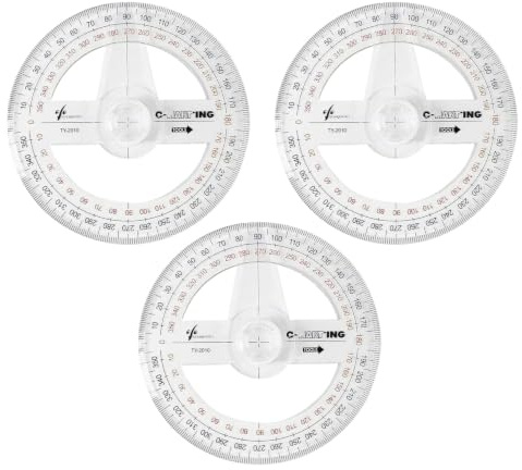 3 Pack 360 Degree Protractor, Circular Protractor, Plastic Measuring Tool | Transparent 10cm plastic, full round scale, 3 tools for angle measuring, geometry, students, teachers and school use