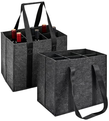 hommova 2 Pcs Wine Carrier Bag 6 Bottles, Reusable Felt Wine Boxes for Moving with Handles(Dark Grey)