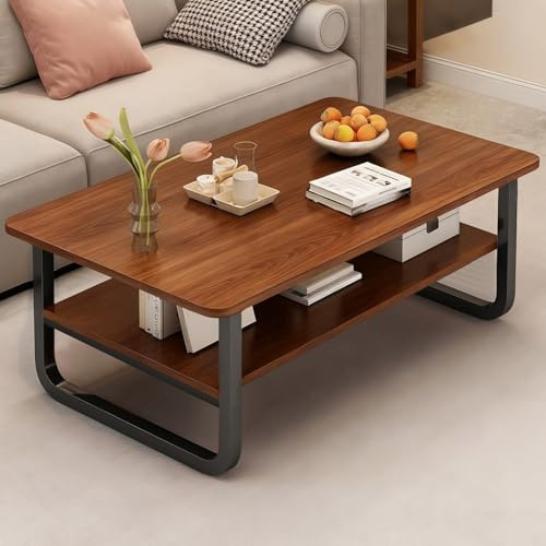 Couchtisch aus Walnussholz mit 2 Ablageflächen, moderner rechteckiger Couchtisch mit U-förmigen Metallbeinen, industrieller Wohnzimmertisch aus Holz und Metall für das Home, Office, 60x120x42cm