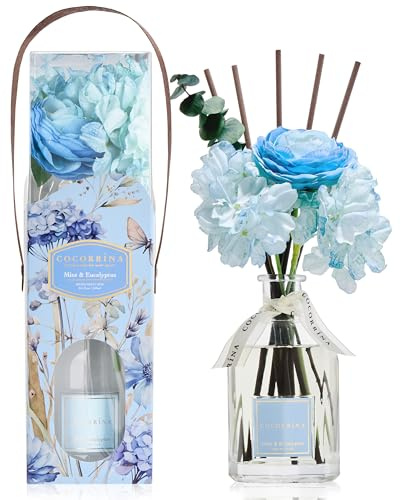 COCORRÍNA Flor de 250 ml, fragancia para habitación, con cinta de regalo y 8 varillas aromáticas, menta y eucalipto, natural, de larga duración, fragancia para el hogar, salón, dormitorio, baño