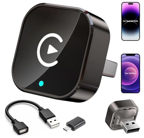 Mini Adaptateur sans Fil 2 en 1 pour CarPlay et Android Auto, Plug & Play | Reconnexion Automatique, USB-A/C, Compatible avec Voitures (2016+) et iOS 10+/Android 11+, WiFi 2,4+5,0 GHz Bluetooth 5.0