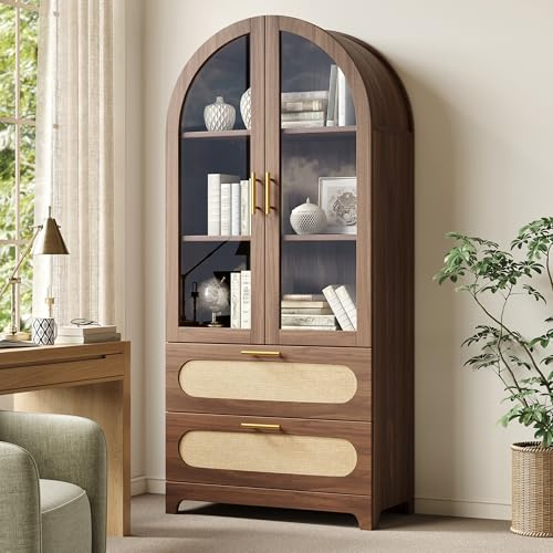 LinoraFurn Vitrine mit Montmartre-Bogen, 175X80X40cm, Bücherregal mit 2 Schubladen & verstellbaren Böden, Retro-Design, Nussbaum