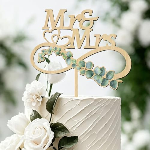 TESGADGETS Mr and Mrs Holz Hochzeitskuchen-Topper mit grünem Blatt, unendliche Herzform, Just Married Kuchenaufsatz für Hochzeit Jubiläum Verlobung Polterabend Party