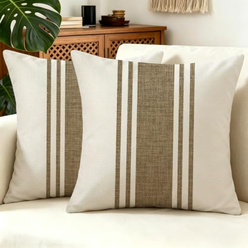 Boho Kissenbezug 40x40 Braun Beige Kissenhüllen Kissen Sofakissen Dekokissen Kissenbezüge Modern Gestreift Leinenoptik Dekorative Zierkissenbezug für Sofa Outdoor Wohnzimmer Schlafzimmer 2er Set