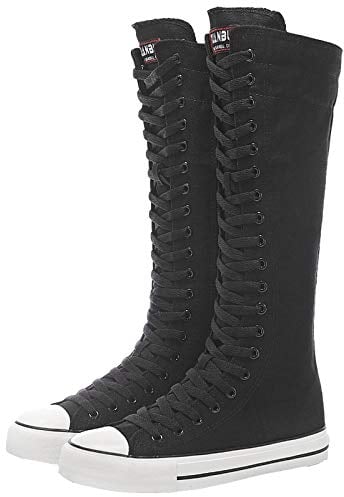 ANUFER Niña Mujer Rodilla Alta Botas de Lona con Cordones Cremallera Plano Zapatos Deportivos F888 Negro EU38