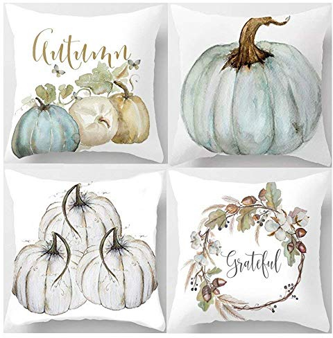 ARTIFUN Kissenbezug Kürbis mit Blättern Herbst Erntedankfest Dekorativer Kissenbezug Baumwoll Leinen Wurfkissenbezug 45x45cm,4PCS