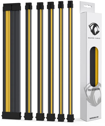 Reaper Cable Sleeved PSU Extension Set - 30cm Power Supply Extensions - 1x 24 Pin/2x 8 Pin/2x 6 Pin/1x 4+4 Pin - Combs (Carbon & Yellow)