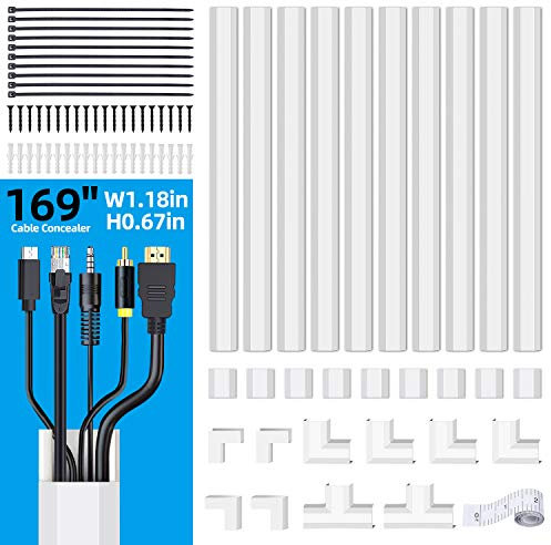 Cable Concealer Raceway 169 Cord Cover for Wall Mounted TV, Wire Management Kit to Hide The Cables in Home Office, White