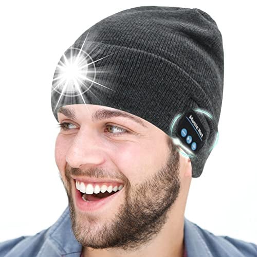 Upgraded Bluetooth Beanie Hat LED Beanie Hat Bluetooth 5.0 Wireless Headphones Music Knit Hats with Stereo Speaker for Outdoor Sports Running Walking Christmas Birthday Gifts(Grey) [Energy Class A++]